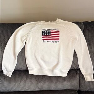 Ralph Lauren Cream Crewneck Sweater with Flag Patch